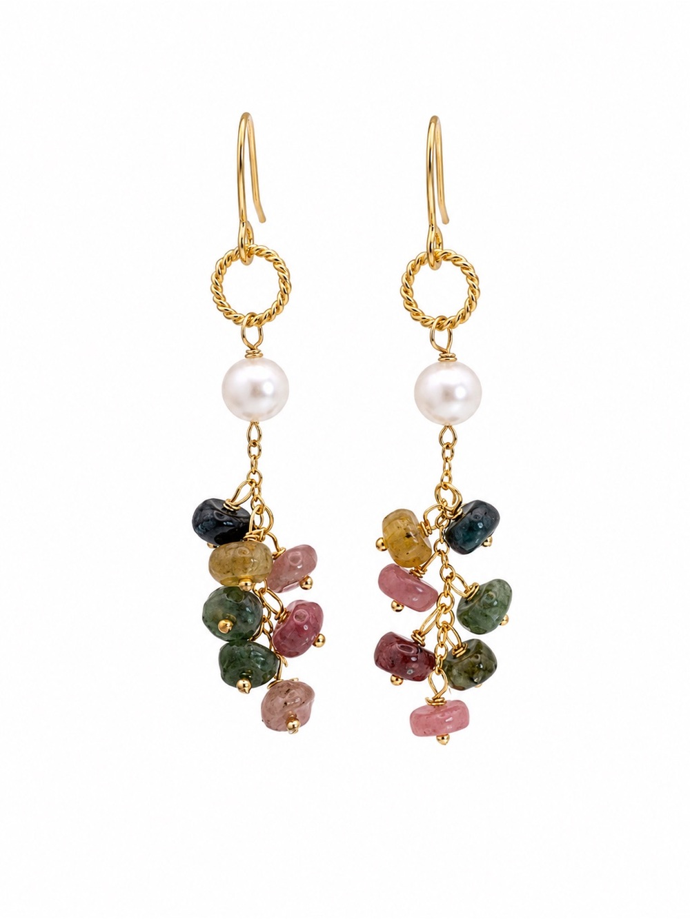 HK077 Rainbow Tourmaline and Freshwater Pearl Gold Earrings